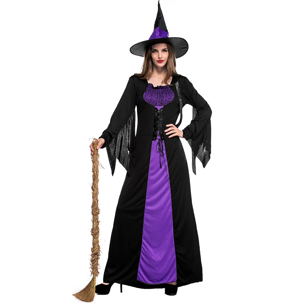 Women Witch Cosplay Halloween Costumes Long Style Sexy Black Purple Color Dress Sets with Hat for Party or Carnival
Women Witch Cosplay Halloween Costumes Long Style Sexy Black Purple Color Dress Sets with Hat for Party or Carnival