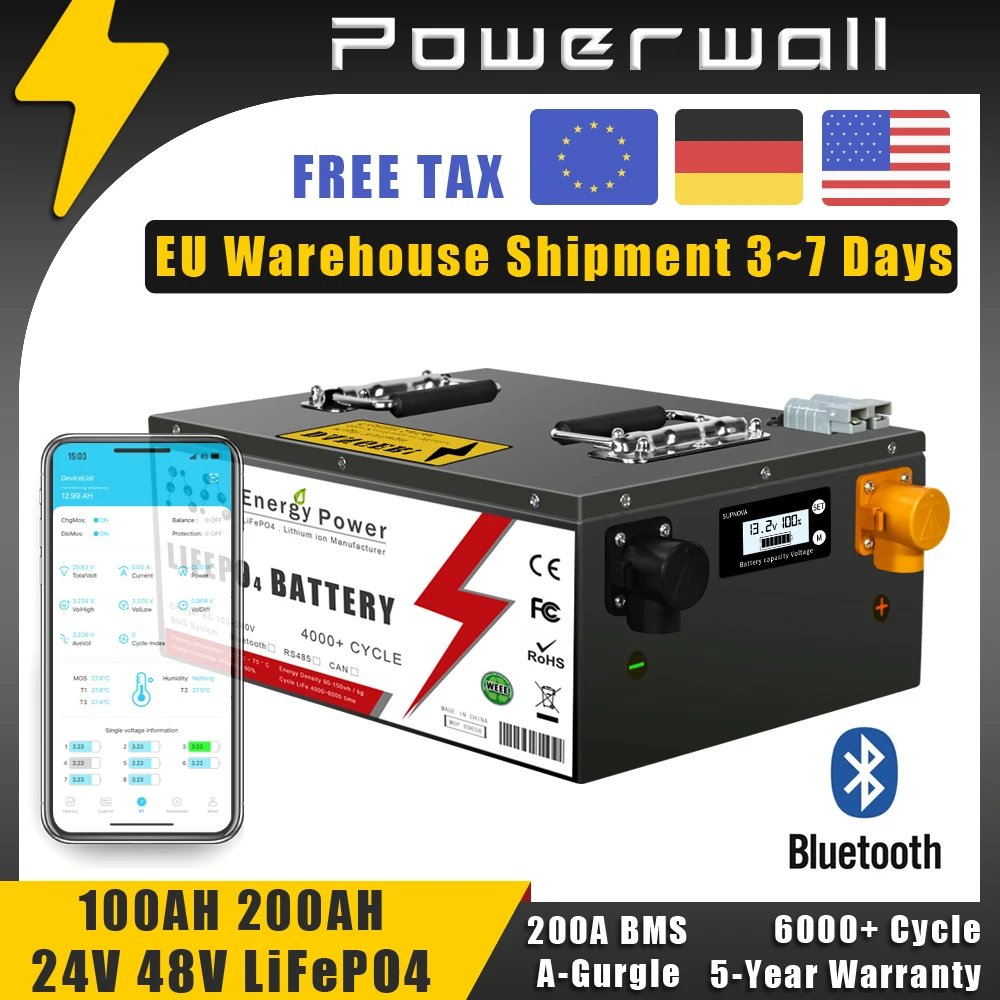 Brand New LiFePO4 24V 48V 100Ah 200Ah LiFePO4 Lithium Battery Bluetooth BMS 6000+ cyclic for Inverter Solar RV Golf Cart No Tax
Brand New LiFePO4 24V 48V 100Ah 200Ah LiFePO4 Lithium Battery Bluetooth BMS 6000+ cyclic for Inverter Solar RV Golf Cart No Tax