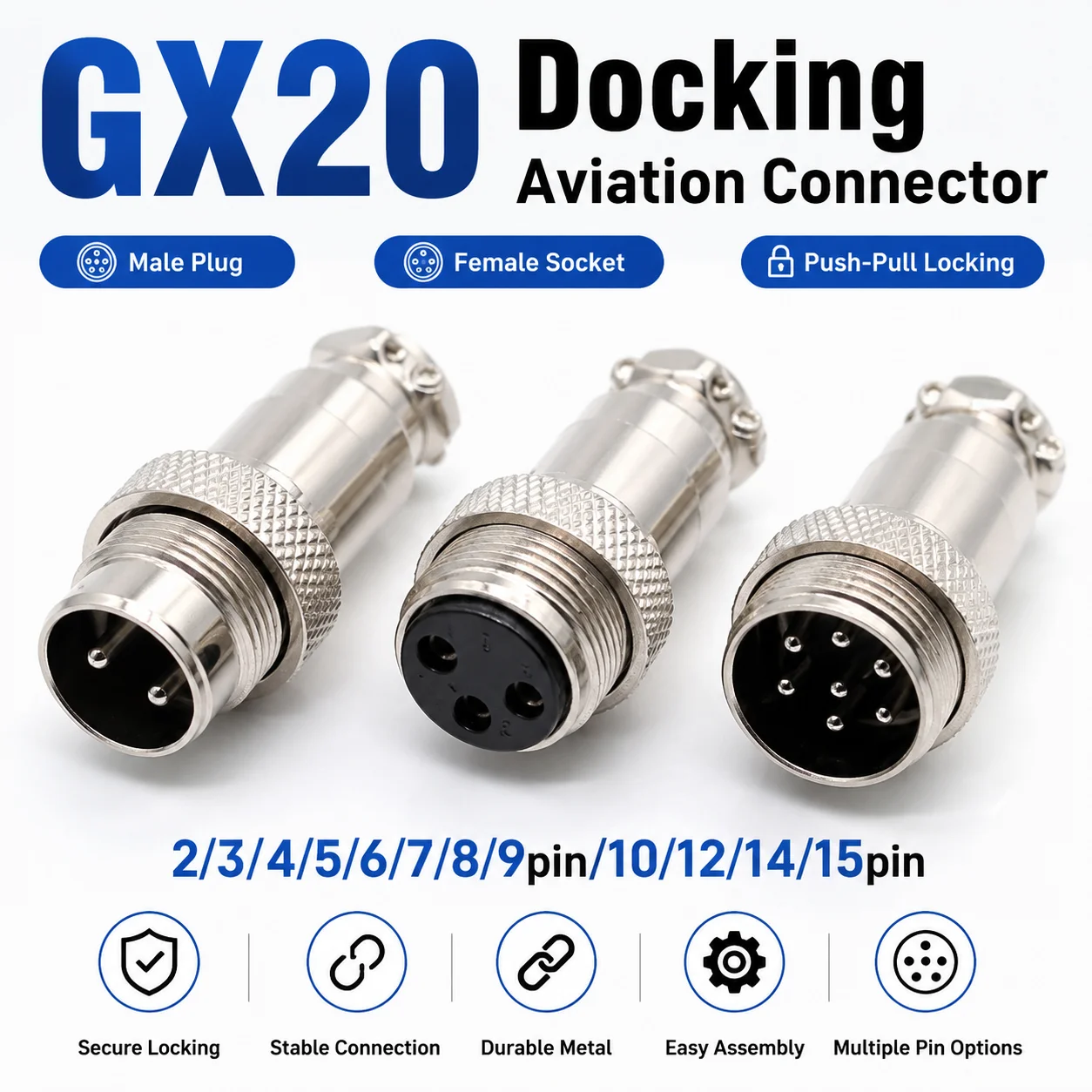 GX20 Docking Aviation Connector 2 3 4 5 6 7 8 9 10 11 12 13 14 15 Pin Male Female Plug Socket Inline Wire Panel Cable Connector
GX20 Docking Aviation Connector 2 3 4 5 6 7 8 9 10 11 12 13 14 15 Pin Male Female Plug Socket Inline Wire Panel Cable Connector