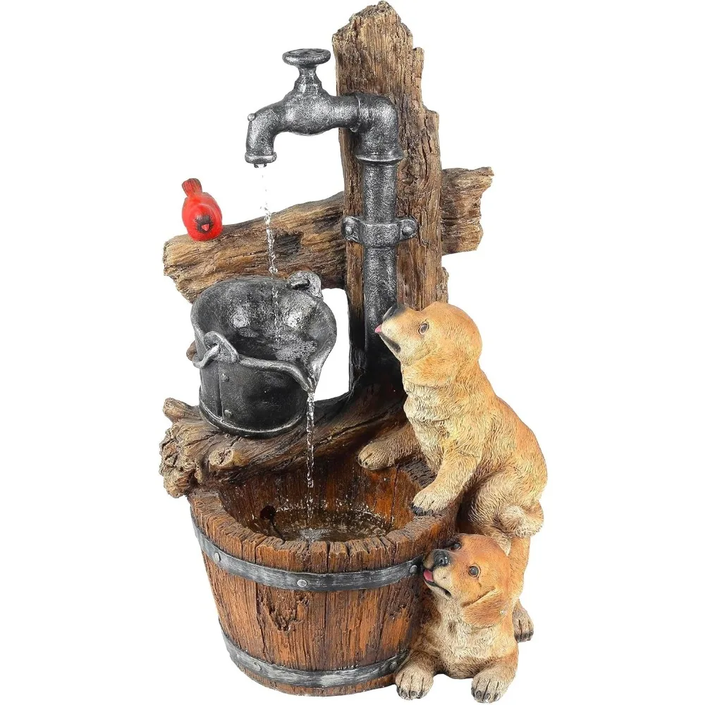 LuxenHome Water Fountain Outdoor, 30" Rustic Outdoor Water Fountain with LED Lights, Rustic Barrel Puppy and Pump Water Feature 
LuxenHome Water Fountain Outdoor, 30" Rustic Outdoor Water Fountain with LED Lights, Rustic Barrel Puppy and Pump Water Feature