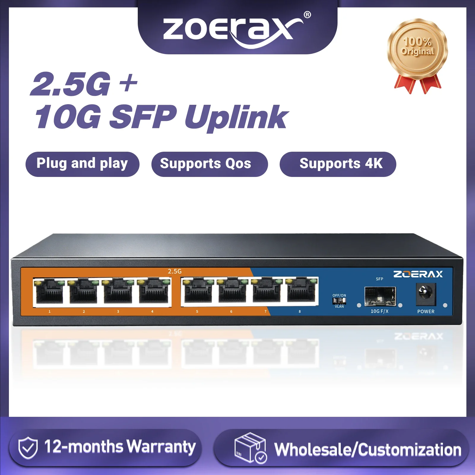 ZoeRax 8 Port Network Switch 10G SFP Uplink Port One-Key VLAN Isolation QoS Function Auto MDI/MDIX Plug & Play for Home Business
ZoeRax 8 Port Network Switch 10G SFP Uplink Port One-Key VLAN Isolation QoS Function Auto MDI/MDIX Plug & Play for Home Business