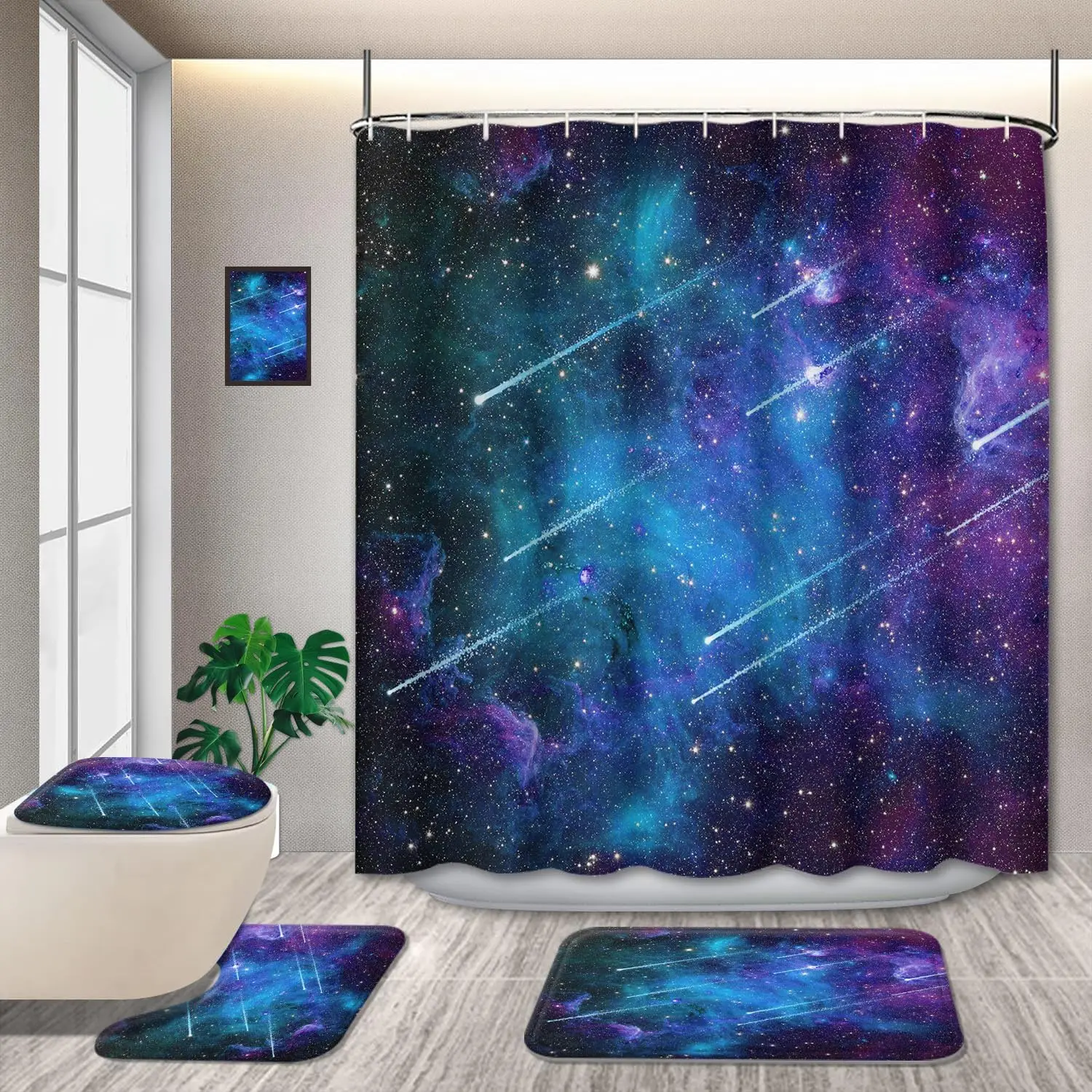 4-комплект занавесок для душа Universe Outer Space Meteor Theme, Galaxy с нескользящими ковриками, крышка унитаза, коврик для ванной, комплект для ванны для мужчин 
4-комплект занавесок для душа Universe Outer Space Meteor Theme, Galaxy с нескользящими ковриками, крышка унитаза, коврик для ванной, комплект для ванны для мужчин