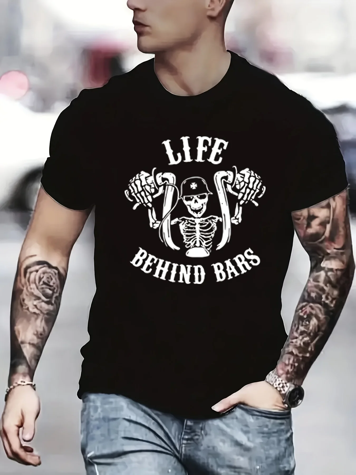 Men's T-shirt Of LIFE BEHIND BARS & Cool Skull Riding Motorbike Pattern Creative Street Party Wear Casual Tops Men Clothing
Men's T-shirt Of LIFE BEHIND BARS & Cool Skull Riding Motorbike Pattern Creative Street Party Wear Casual Tops Men Clothing