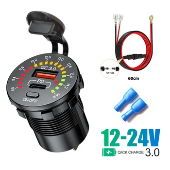 듀얼 USB QC 3.0 차량용 충전기, LED 전압계 ON OFF 스위치, 방수 USB PD 콘센트, 자동차 오토바이 고속 충전, 36W, 12 V, 24V
