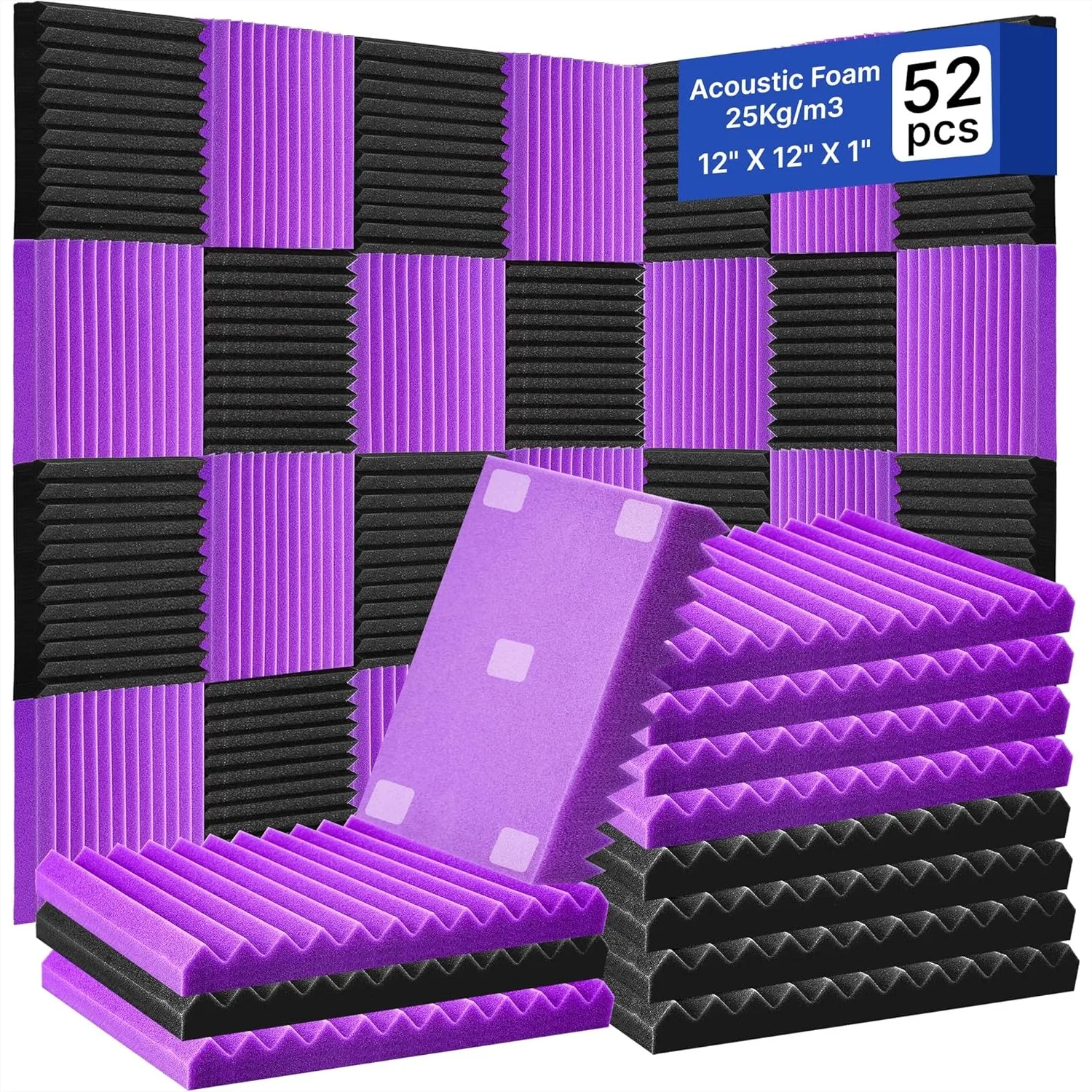 Acoustic Foam Panels 52 Pack, 1" x 12" x 12" Wedge Studio Sound Absorption Wall Panels Black/Purple
Acoustic Foam Panels 52 Pack, 1" x 12" x 12" Wedge Studio Sound Absorption Wall Panels Black/Purple