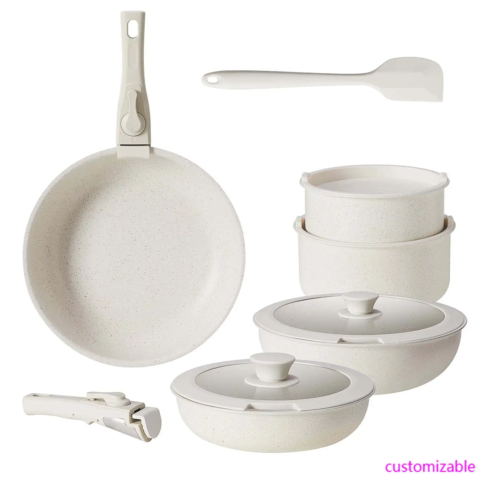 12-Piece Non-Stick Cookware Set - Essential Pots & Pans with Detachable Handles, Beige
12-Piece Non-Stick Cookware Set - Essential Pots & Pans with Detachable Handles, Beige