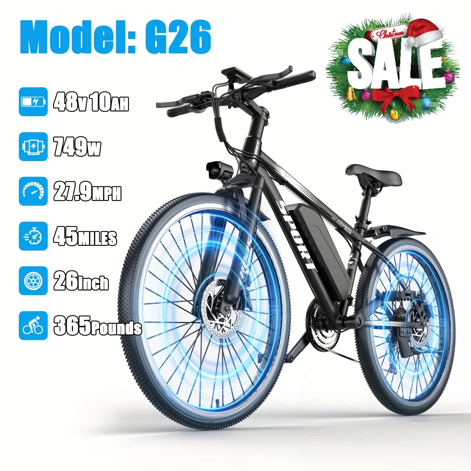 Electric Bike for Adults, 749W Peak Mountain Ebike with 27.9 MPH, 45 Miles Range, 7 Speeds, 48V 10Ah Removable Battery Ebike, 26
Electric Bike for Adults, 749W Peak Mountain Ebike with 27.9 MPH, 45 Miles Range, 7 Speeds, 48V 10Ah Removable Battery Ebike, 26