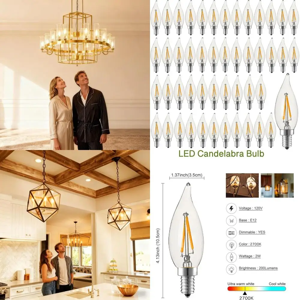 2W Dimmable LED Candelabra Bulbs, Warm White 2700K, 200 Lumens, Clear Glass, 48 Pack for Chandeliers, Pendants, Sconces, and Cei
2W Dimmable LED Candelabra Bulbs, Warm White 2700K, 200 Lumens, Clear Glass, 48 Pack for Chandeliers, Pendants, Sconces, and Cei