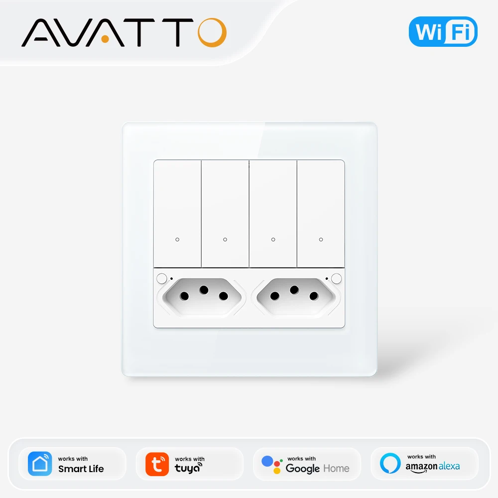 AVATTO 4x4 Brazil Standard WiFi Light Switch & Double Wall Socket,Work for Alexa Google Home