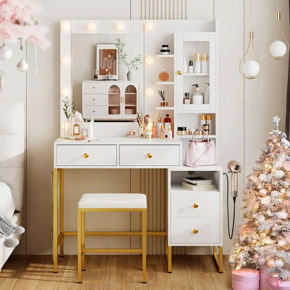 White Vanity Desk with Mirror & Adjustable Lights, Makeup Table with Drawers, Glass Cabinet, and Stool for Girls' Dressing or Be
White Vanity Desk with Mirror & Adjustable Lights, Makeup Table with Drawers, Glass Cabinet, and Stool for Girls' Dressing or Be