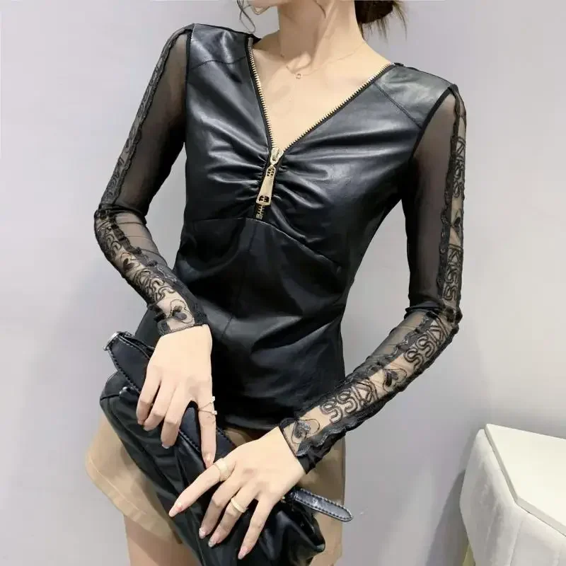 Spring Autumn New Slim Trend Sexy Mesh Patchwork Leather Tops Long Sleeve Bottom Shirt Women T-shirt Zip Up Pullover Design Tees
Spring Autumn New Slim Trend Sexy Mesh Patchwork Leather Tops Long Sleeve Bottom Shirt Women T-shirt Zip Up Pullover Design Tees