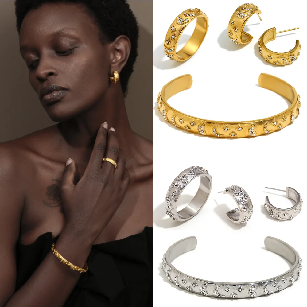 Stainless Steel Zircon Ring Bracelet Earrings Set Plated 18k Gold Color Non Tarnish Waterproof Trendy Jewelry for Women Gift
Stainless Steel Zircon Ring Bracelet Earrings Set Plated 18k Gold Color Non Tarnish Waterproof Trendy Jewelry for Women Gift