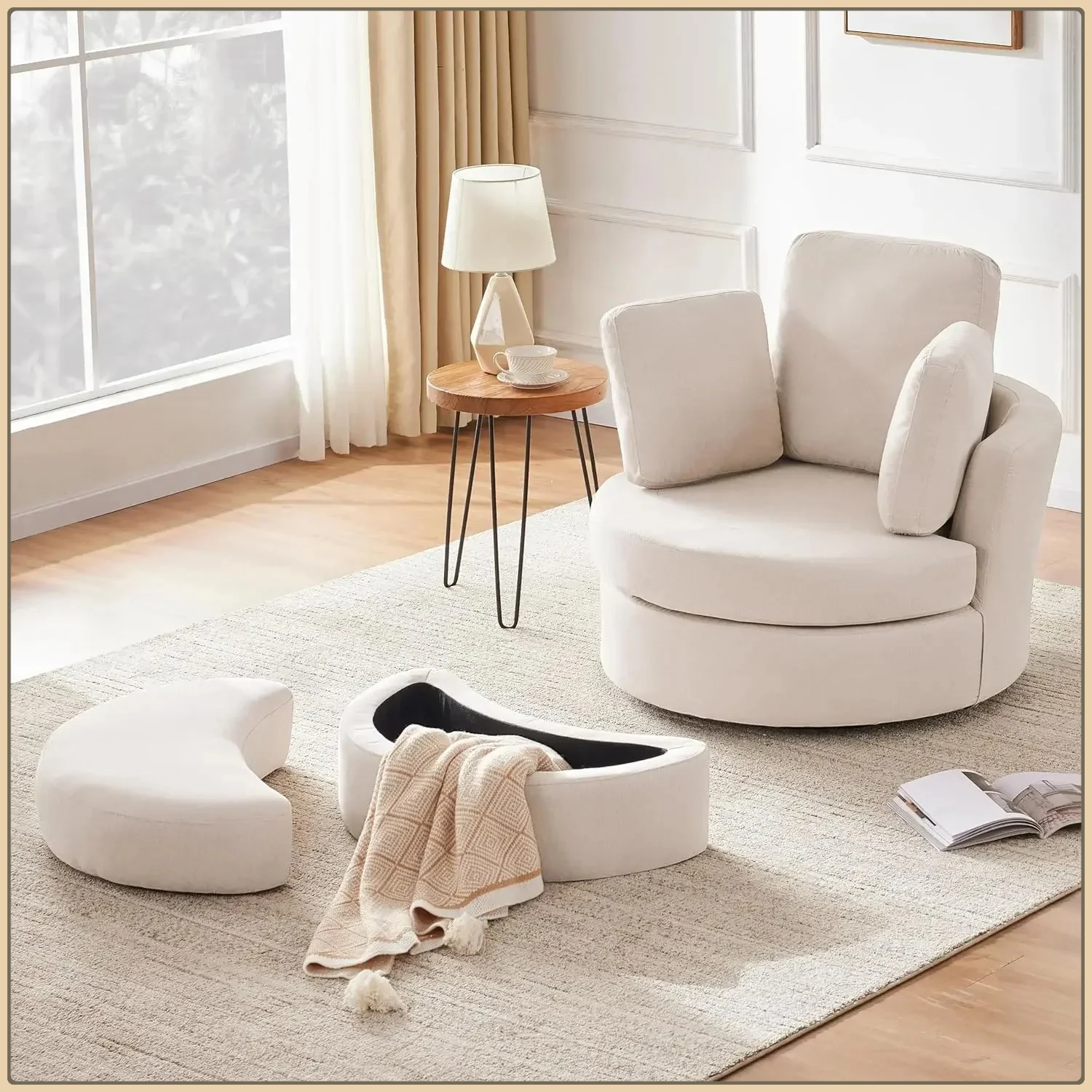 Chaise Lounge Indoor with Neck Support Pillow, 39” Swivel Accent Barrel Chairs with Removable Headrest, Ottoman, Beige
Chaise Lounge Indoor with Neck Support Pillow, 39” Swivel Accent Barrel Chairs with Removable Headrest, Ottoman, Beige