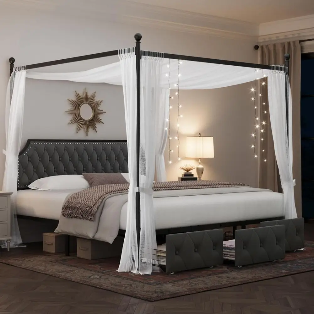 Upholstered Storage Bed with Button-Tufted Headboard, Metal Platform Base, and 4 Removable Posts
Upholstered Storage Bed with Button-Tufted Headboard, Metal Platform Base, and 4 Removable Posts