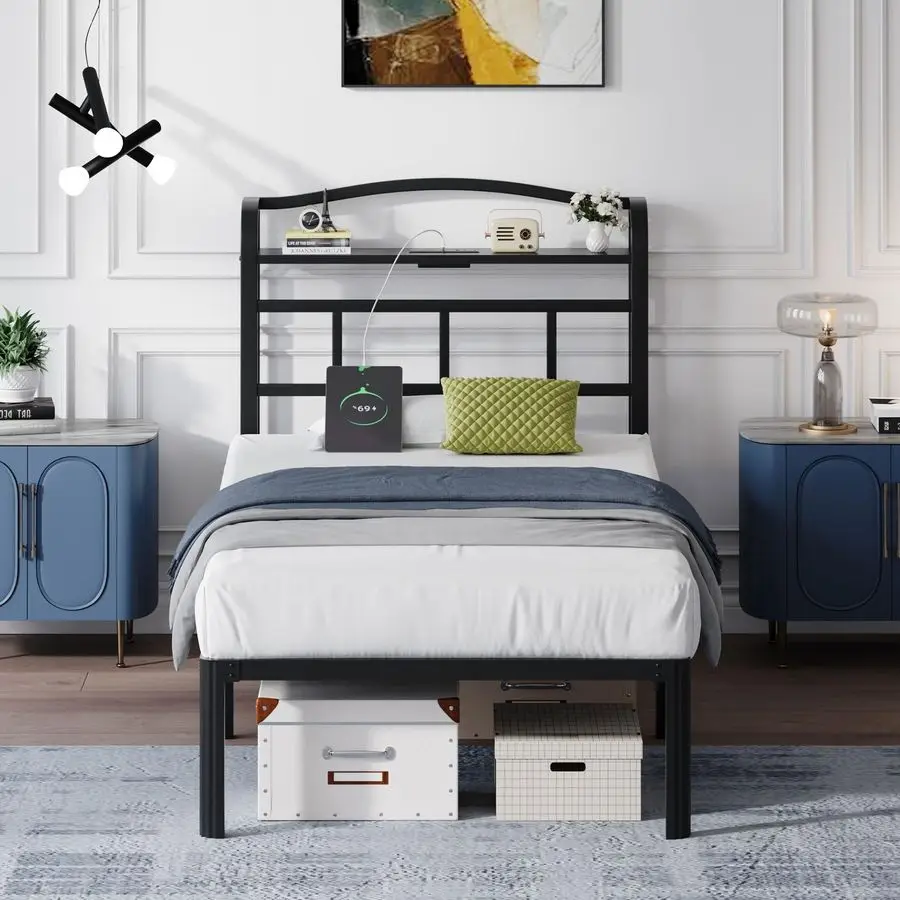 Металлическая кровать-платформа Twin Size черного цвета, усиленная, с изголовьем и зарядной станцией
Металлическая кровать-платформа Twin Size черного цвета, усиленная, с изголовьем и зарядной станцией