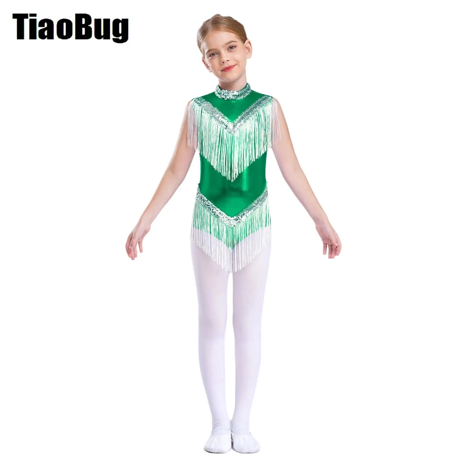 Kids Girls Shiny Sequins Leotard Tassel Sleeveless Fringe Metallic Bodysuit Mock Neck Latin Leotard for Dance Performance
Kids Girls Shiny Sequins Leotard Tassel Sleeveless Fringe Metallic Bodysuit Mock Neck Latin Leotard for Dance Performance
