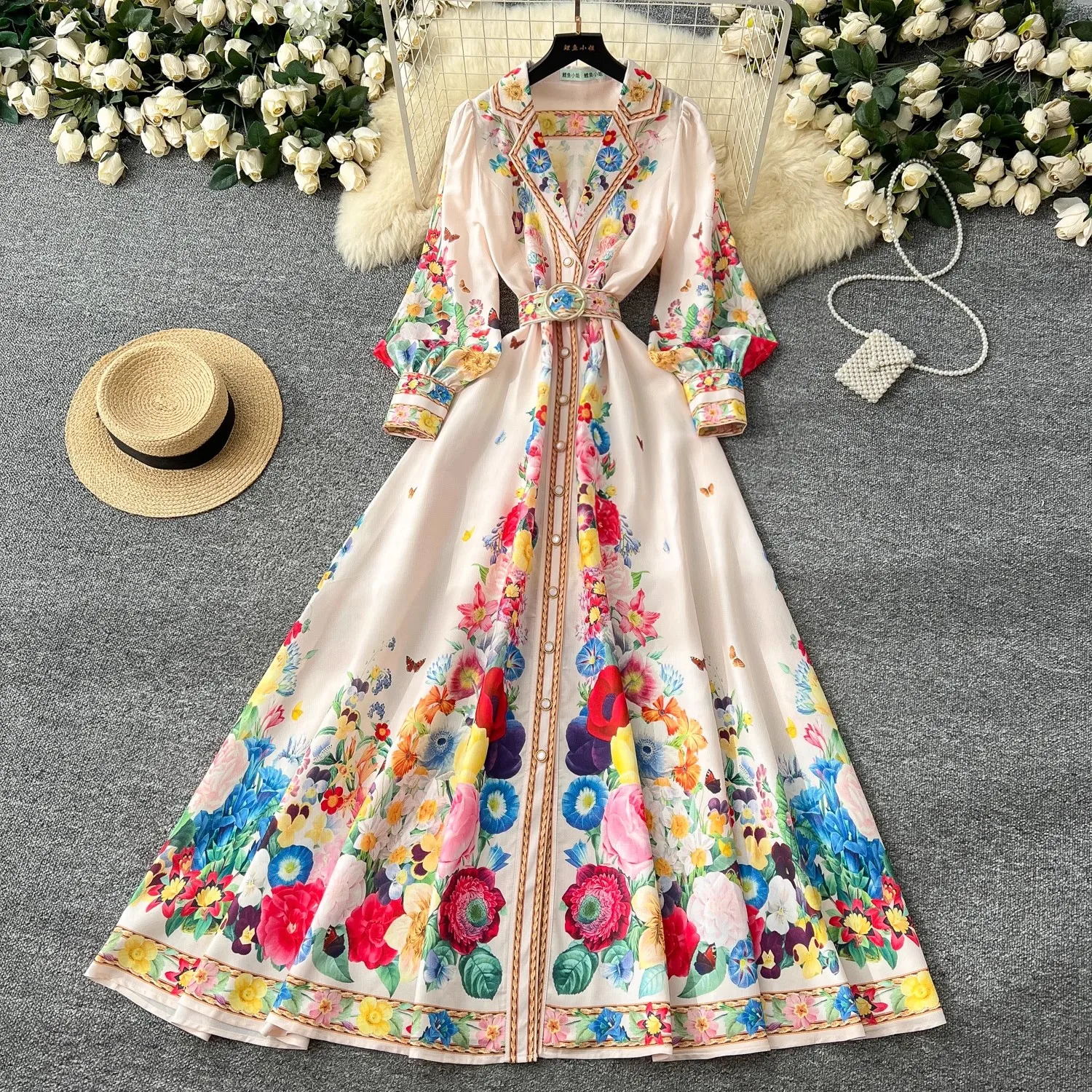 Spring Autumn Runway Gorgeous Flower Dress Women's Notched Long Lantern Sleeve Floral Print Single Breasted Belt Maxi Vestidos
Spring Autumn Runway Gorgeous Flower Dress Women's Notched Long Lantern Sleeve Floral Print Single Breasted Belt Maxi Vestidos