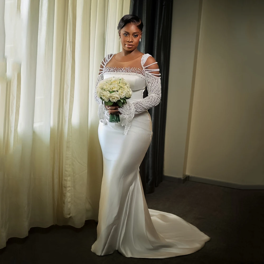 Pearls Wedding Dress African Style Luxury Mermaid Lace Long Sleeve O-Neck Plus Size Wedding Gown Satin Sweep Train Customized
Pearls Wedding Dress African Style Luxury Mermaid Lace Long Sleeve O-Neck Plus Size Wedding Gown Satin Sweep Train Customized