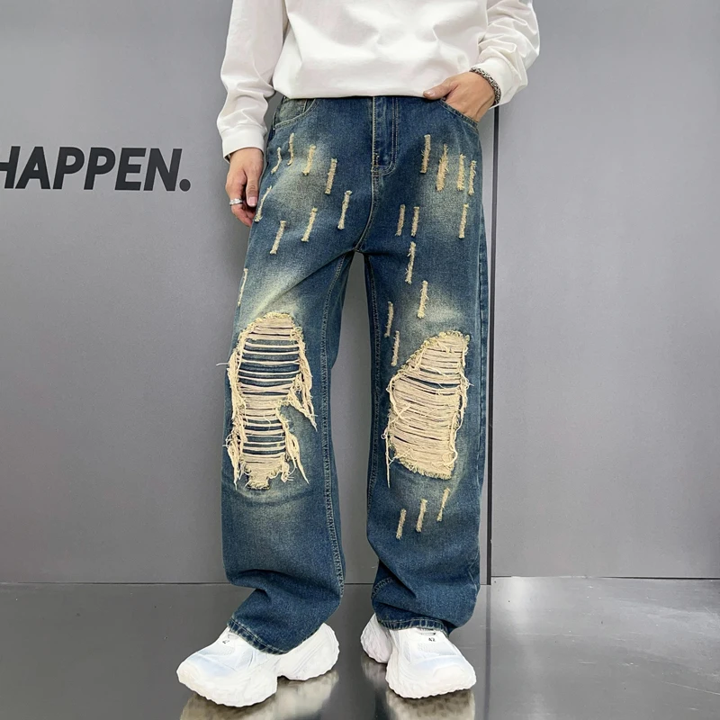Vintage Patchwork Y2K Ripped Hole Jeans Men's Streetwear Washed Fashion Cotton Loose Denim Trousers Straight Baggy Male Pants
Vintage Patchwork Y2K Ripped Hole Jeans Men's Streetwear Washed Fashion Cotton Loose Denim Trousers Straight Baggy Male Pants