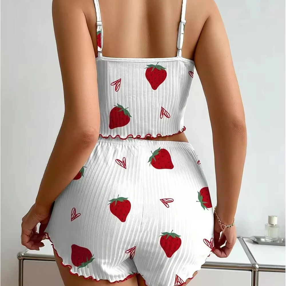 Women's Strawberry Print Ribbed Knit Ice Silk Camisole Pajama Set Comfortable Two-Piece Sleepwear for Summer
Women's Strawberry Print Ribbed Knit Ice Silk Camisole Pajama Set Comfortable Two-Piece Sleepwear for Summer