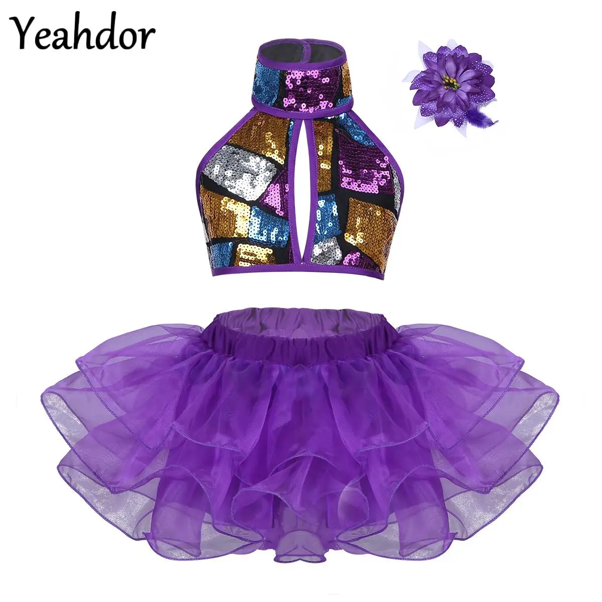 Girls Shiny Sequins Ballet Dance Dress Halter Strappy Crop Top with Tutu Skirt And Hair Clip Ballroom Lyrical Jazz Dance Outfit
Girls Shiny Sequins Ballet Dance Dress Halter Strappy Crop Top with Tutu Skirt And Hair Clip Ballroom Lyrical Jazz Dance Outfit