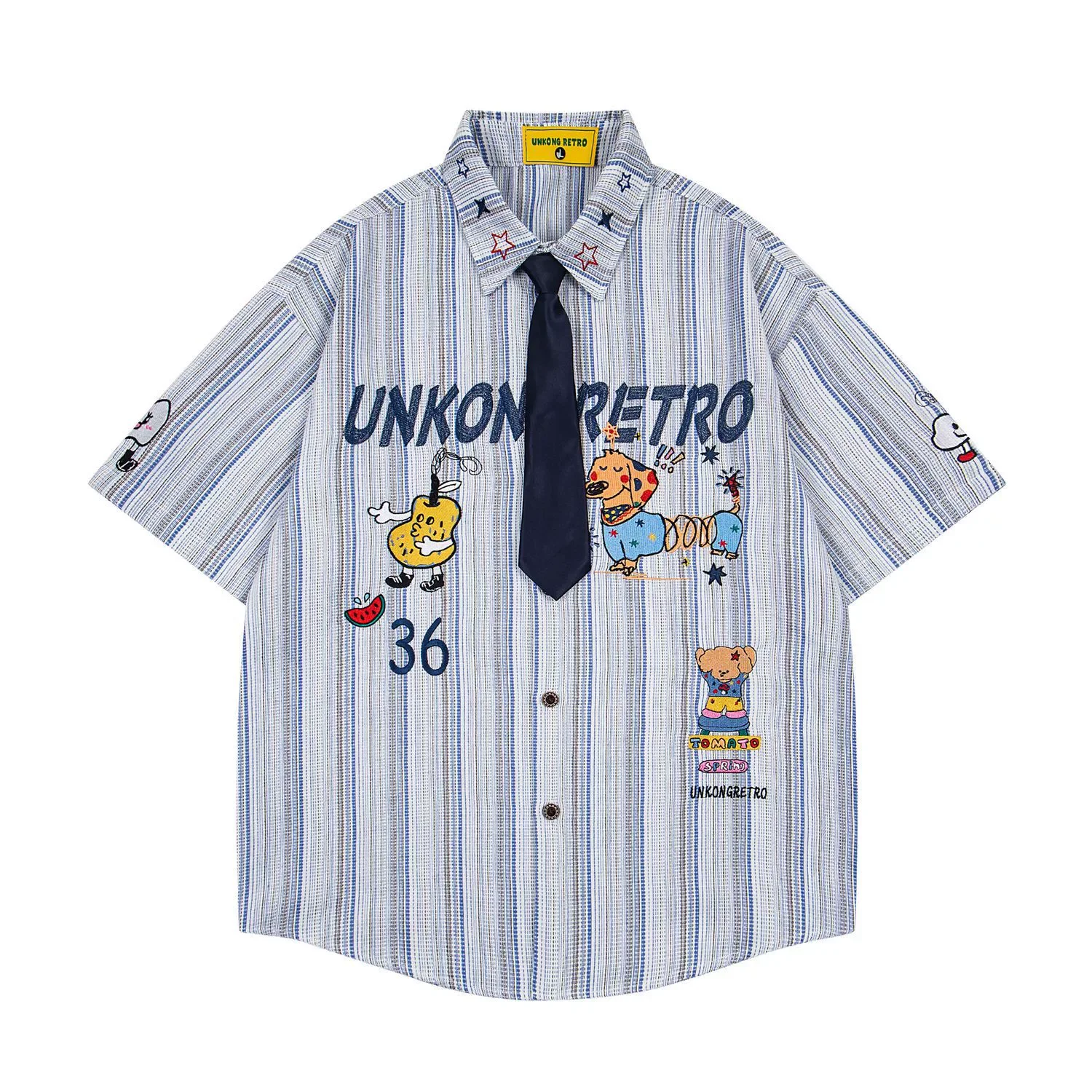 Retro Striped Short Sleeve Shirts Mens Cartoon Embroidery Summer Casual Loose Lapel Single Breasted Curved Hem Cotton Shirts Man
Retro Striped Short Sleeve Shirts Mens Cartoon Embroidery Summer Casual Loose Lapel Single Breasted Curved Hem Cotton Shirts Man