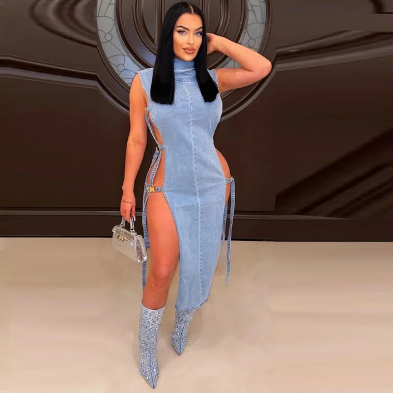 Denim Hollow Out Side Buckle Straps Midi Dress Sexy Turtleneck Sleeveless Side Split Jeans Dresses Y2K Streetwear Fashion Robe
Denim Hollow Out Side Buckle Straps Midi Dress Sexy Turtleneck Sleeveless Side Split Jeans Dresses Y2K Streetwear Fashion Robe