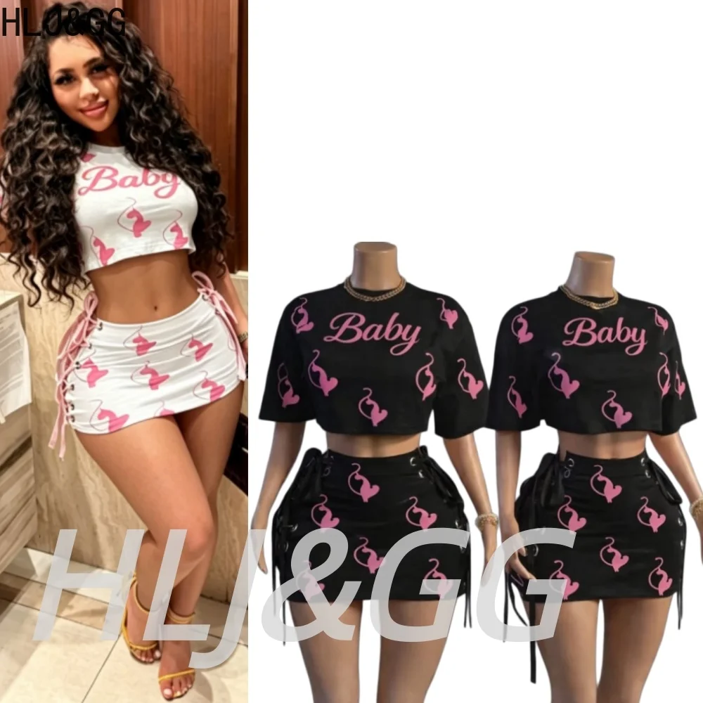 HLJ&GG Fashion Letter Print Bandage Hollow Mini Skirts Two Piece Sets Women Round Neck Short Sleeve Crop Top And Skirts Outfits
HLJ&GG Fashion Letter Print Bandage Hollow Mini Skirts Two Piece Sets Women Round Neck Short Sleeve Crop Top And Skirts Outfits