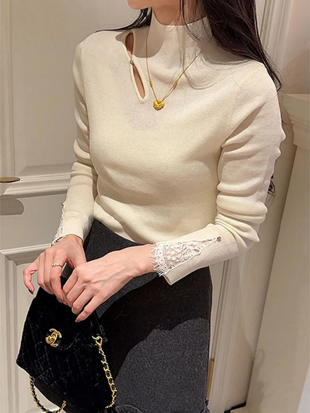 Slimming Lace Splice Knitted Top Women's Half High Collar Fashionable Commute Style Korean Version Essential Spring New Arrivals
Slimming Lace Splice Knitted Top Women's Half High Collar Fashionable Commute Style Korean Version Essential Spring New Arrivals