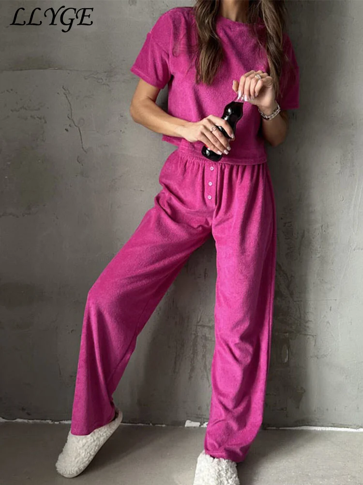 Casual Solid Pants Sets 2 Pieces For Women O-neck Short Sleeve Crop T-shirt Wide Leg Trouser 2025 Spring Summer Lady Chic Outfit
Casual Solid Pants Sets 2 Pieces For Women O-neck Short Sleeve Crop T-shirt Wide Leg Trouser 2025 Spring Summer Lady Chic Outfit