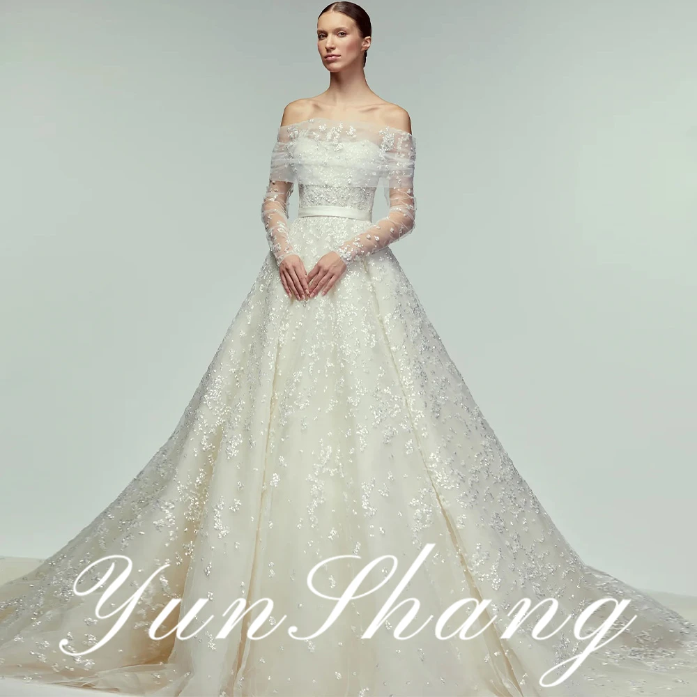 Yunshang Customized Off Shoulder Wedding Dress Sheer Long Sleeves Embroidered Floral Ball Gown Bridal Attire Elegant Princess
Yunshang Customized Off Shoulder Wedding Dress Sheer Long Sleeves Embroidered Floral Ball Gown Bridal Attire Elegant Princess