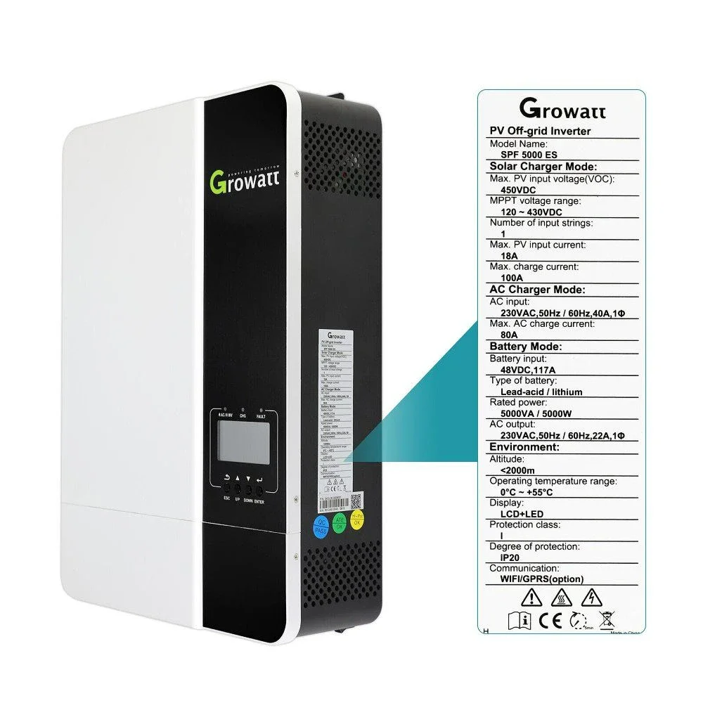 Growatt Spf 5000 es Off Grid Solar Inverters 3500W 5000W 5500W 3Kva 5Kw Europe Warehouse Dual Output Mppt Hybrid Solar Inverter
Growatt Spf 5000 es Off Grid Solar Inverters 3500W 5000W 5500W 3Kva 5Kw Europe Warehouse Dual Output Mppt Hybrid Solar Inverter