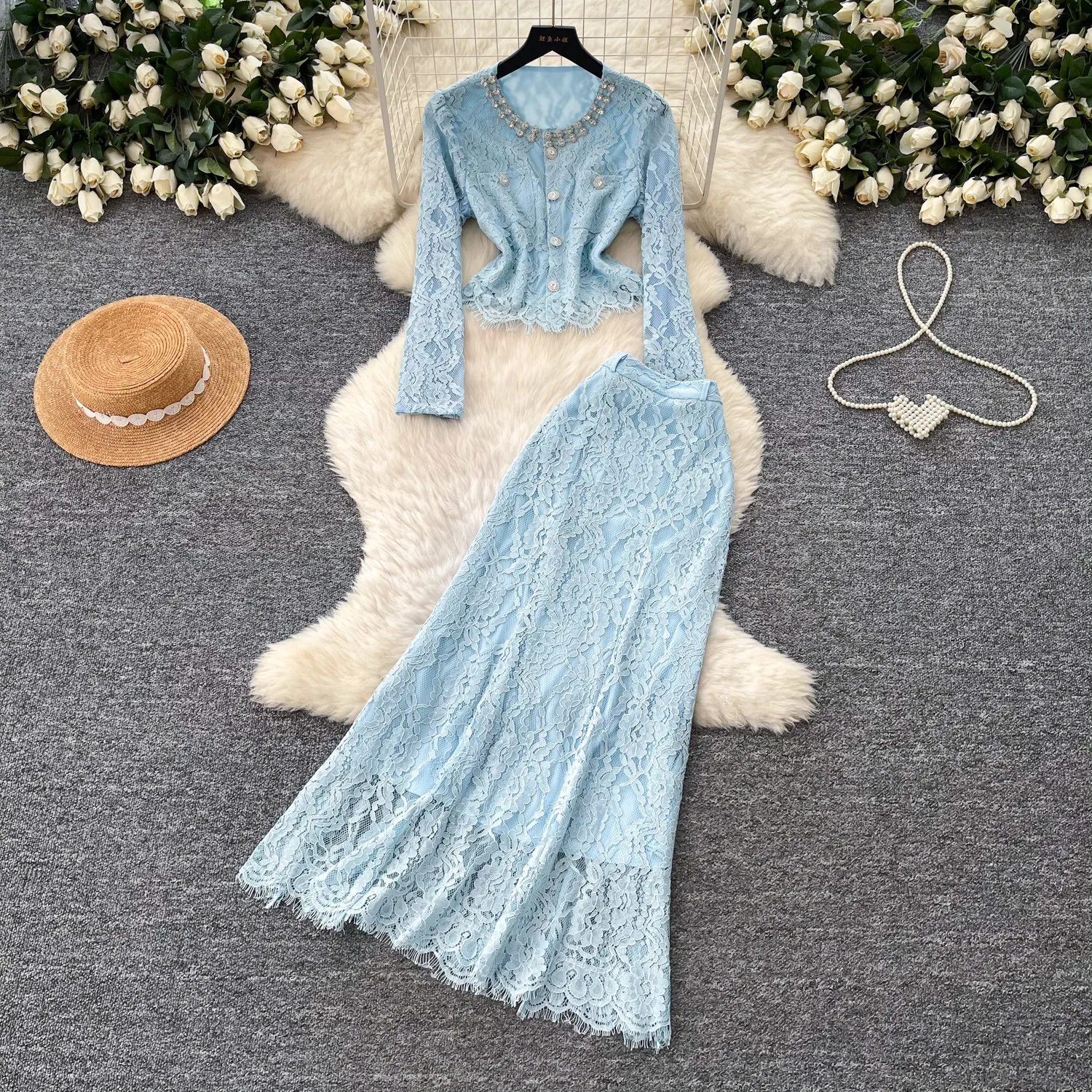 Women Two Piece Sets Skirt Set Sexy Lace Full Sleeve Tops Long Skirts A Line High Waist Y2k Streetwear Elegant Work Hollow Out
Women Two Piece Sets Skirt Set Sexy Lace Full Sleeve Tops Long Skirts A Line High Waist Y2k Streetwear Elegant Work Hollow Out