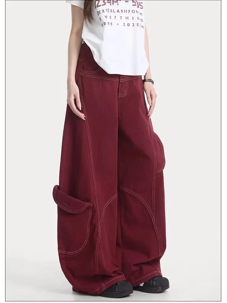 Women's Large Pocket Red Loose Wide Leg Jeans Personalized Trousers Cool Girl Casual Bottoms Female Curved Denim Pants
Women's Large Pocket Red Loose Wide Leg Jeans Personalized Trousers Cool Girl Casual Bottoms Female Curved Denim Pants