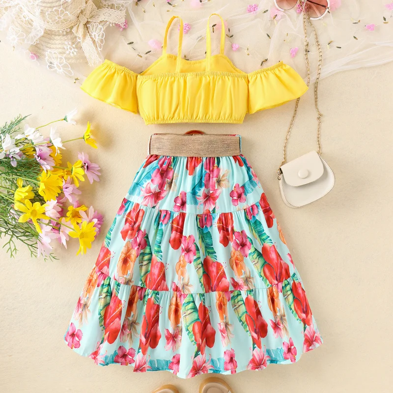Children's Summer Girls' Strap Ruffle Off-Shoulder Top Floral Print Long Skirt Belt Set
Children's Summer Girls' Strap Ruffle Off-Shoulder Top Floral Print Long Skirt Belt Set