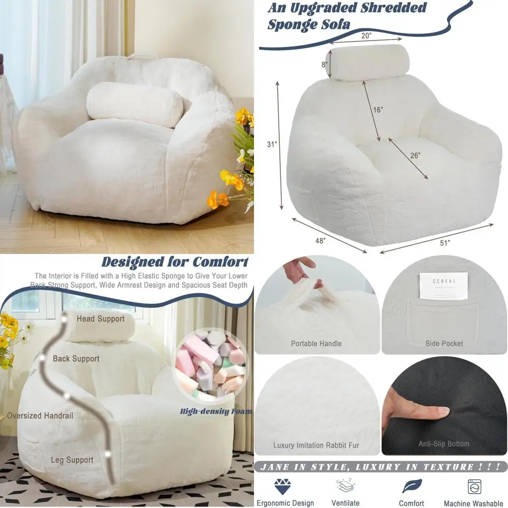 Adult-Sized Plush Faux Fur Bean Bag Chair with Pillow and Ergonomic Support
Adult-Sized Plush Faux Fur Bean Bag Chair with Pillow and Ergonomic Support