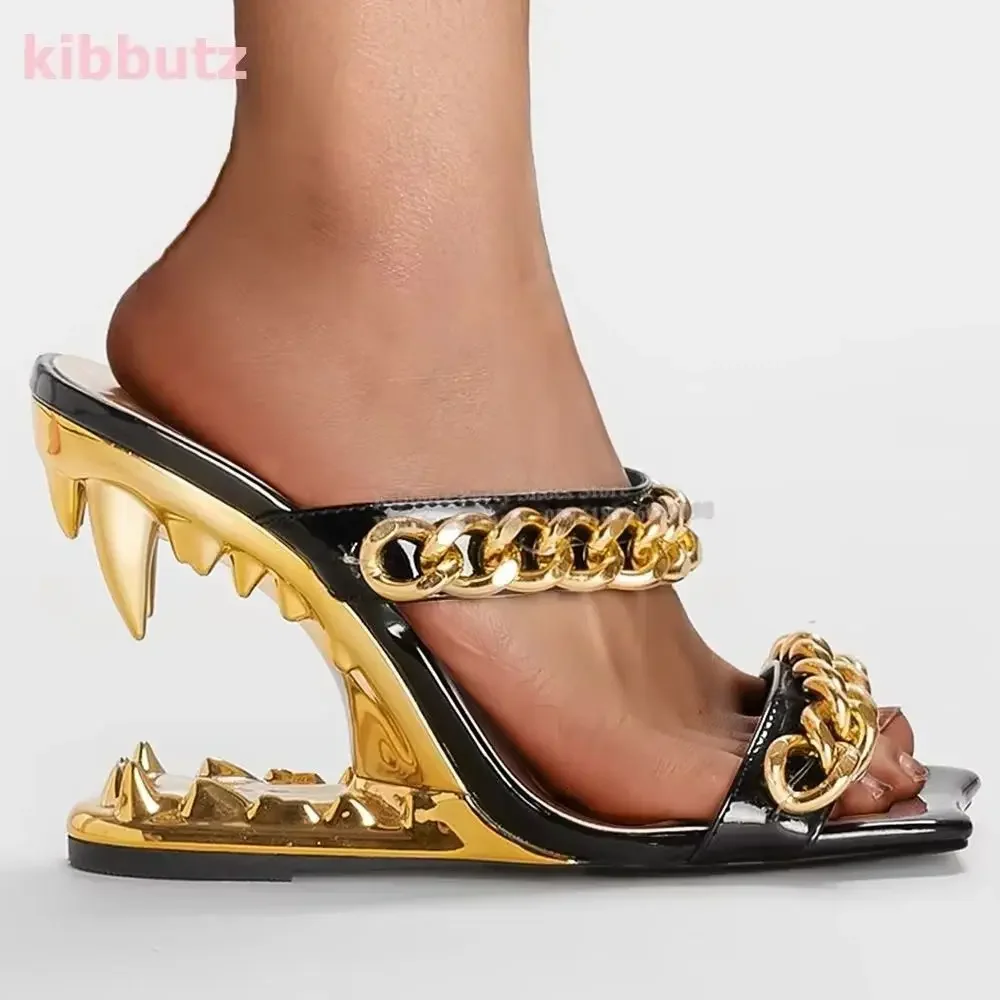 Metal Teeth Slipper Sandals Square Toe Strange Heel Genuine Leather Mixed Color Slip-On Fashion Elegant Sexy Novelty Women Shoes 
Metal Teeth Slipper Sandals Square Toe Strange Heel Genuine Leather Mixed Color Slip-On Fashion Elegant Sexy Novelty Women Shoes