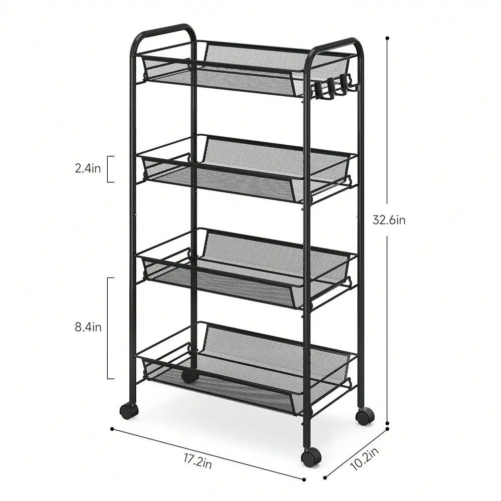 4Tier Rolling Cart, Metal Utility Cart With 3 Hooks, Easy Assemble Mobile Storage Trolley On Wheels, Metal Shelving Units Kitch
4Tier Rolling Cart, Metal Utility Cart With 3 Hooks, Easy Assemble Mobile Storage Trolley On Wheels, Metal Shelving Units Kitch