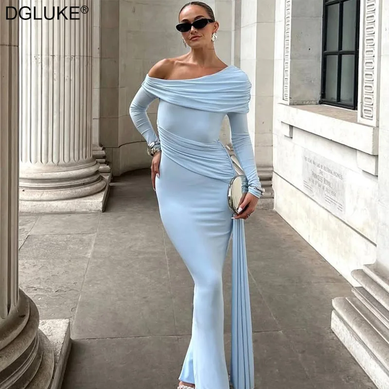 DGLUKE Off Shoulder Long Sleeve Dresses Woman Ruched High Waist Maxi Dress Fall Winter Elegant Long Dress 
DGLUKE Off Shoulder Long Sleeve Dresses Woman Ruched High Waist Maxi Dress Fall Winter Elegant Long Dress