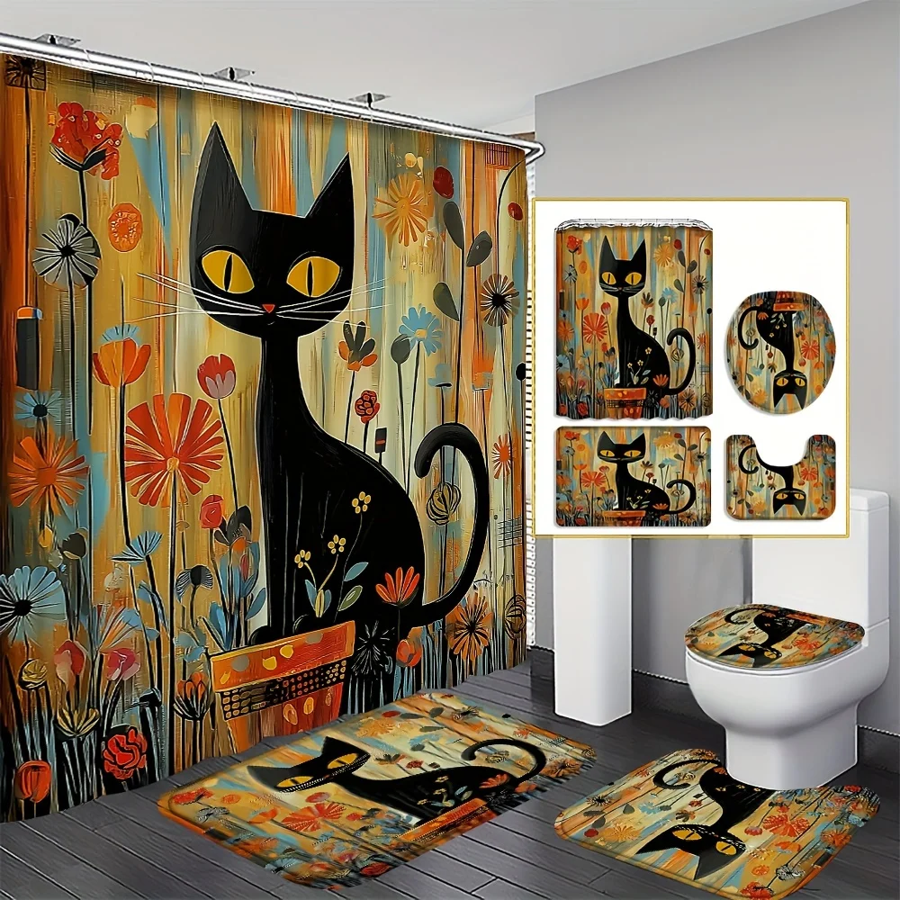 Набор занавесок для душа Black Cat & Sunflower — включает нескользящий коврик для ванной, U-образный коврик для унитаза и чехол на сиденье для стильного декора ванной комнаты 
Набор занавесок для душа Black Cat & Sunflower — включает нескользящий коврик для ванной, U-образный коврик для унитаза и чехол на сиденье для стильного декора ванной комнаты