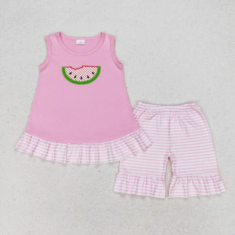 New rts infant girls summer suit wholesale boutique embroidered watermelon pink sleeveless striped shorts set GSSO1239
New rts infant girls summer suit wholesale boutique embroidered watermelon pink sleeveless striped shorts set GSSO1239