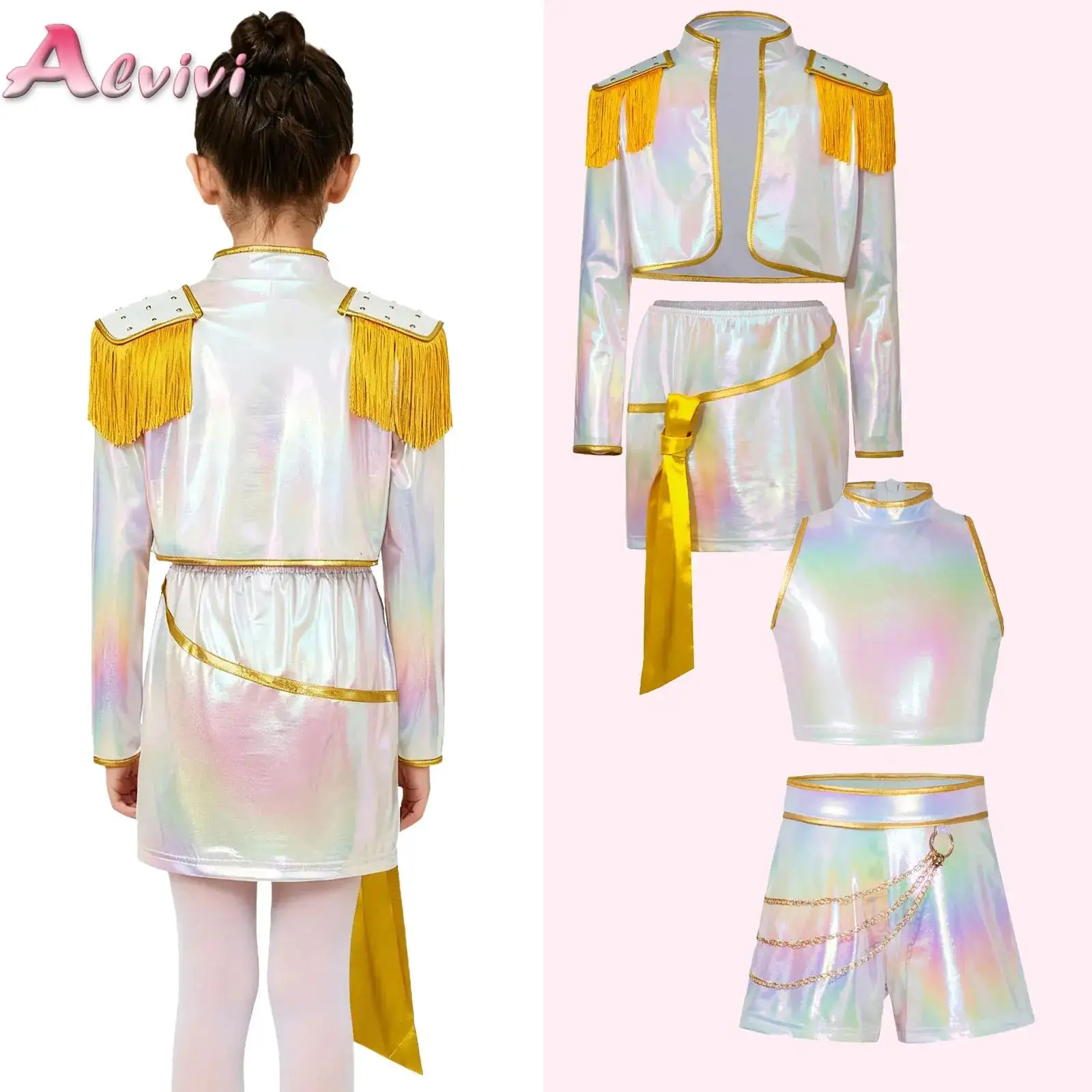 Kids Girls Hunter Anime Character Cosplay Costumes Iridescent Gloss Outfits Long Sleeve Tassel Epaulet Top Outwear and Skirt Set 
Kids Girls Hunter Anime Character Cosplay Costumes Iridescent Gloss Outfits Long Sleeve Tassel Epaulet Top Outwear and Skirt Set