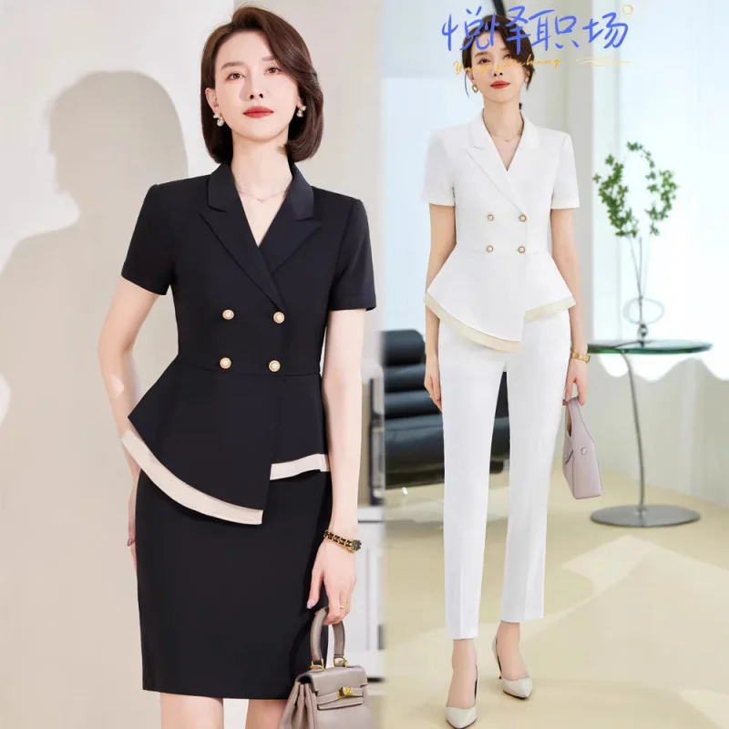 Summer lightweight short-sleeved women's suit with a stylish buttoned collar, professional work pants, work uniform, professiona
Summer lightweight short-sleeved women's suit with a stylish buttoned collar, professional work pants, work uniform, professiona