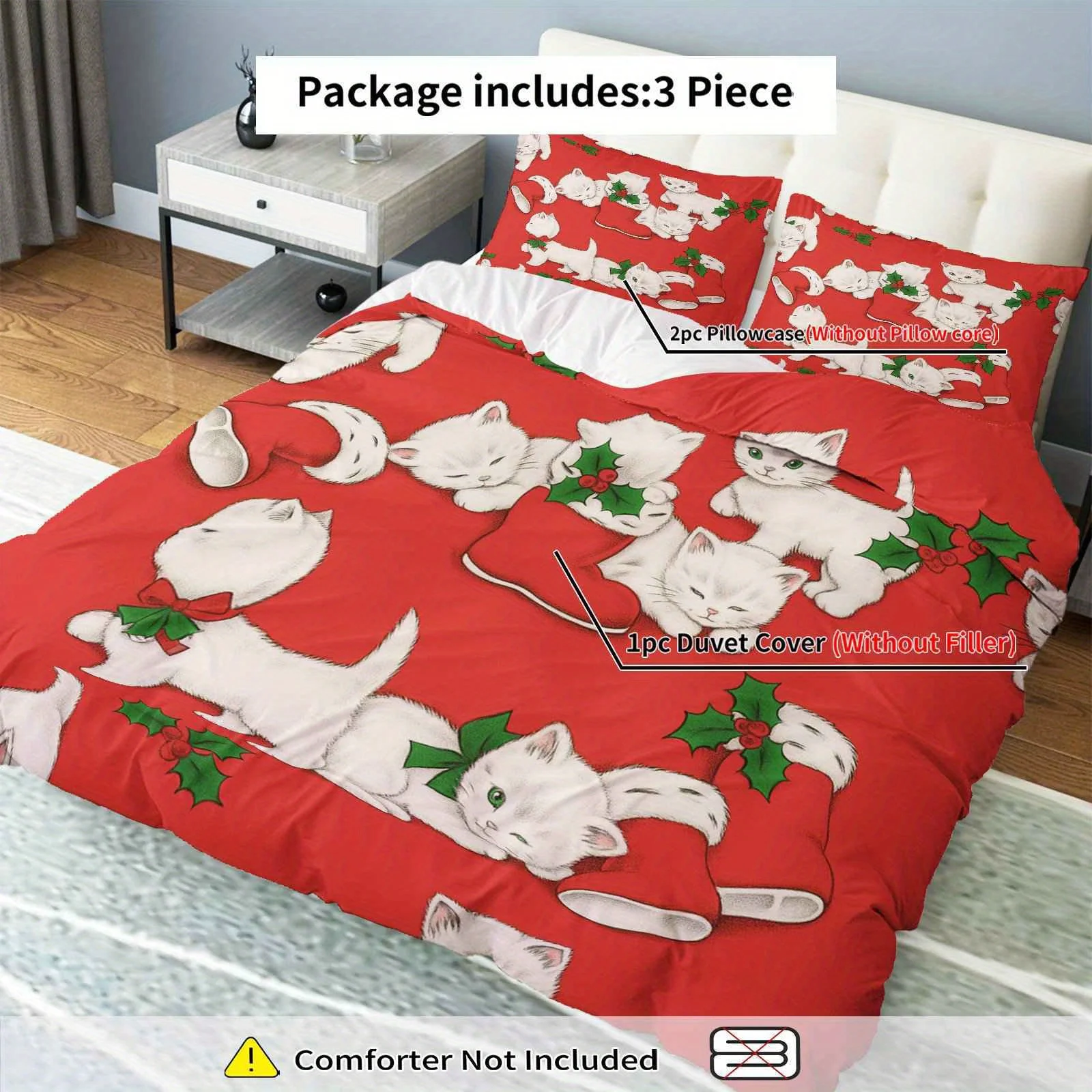 Комплект рождественских пододеяльников с праздничным котом из 3 предметов — красный с белыми котятами и дизайном падуба, полиэстер, можно стирать в машине, застежка-молния
Комплект рождественских пододеяльников с праздничным котом из 3 предметов — красный с белыми котятами и дизайном падуба, полиэстер, можно стирать в машине, застежка-молния