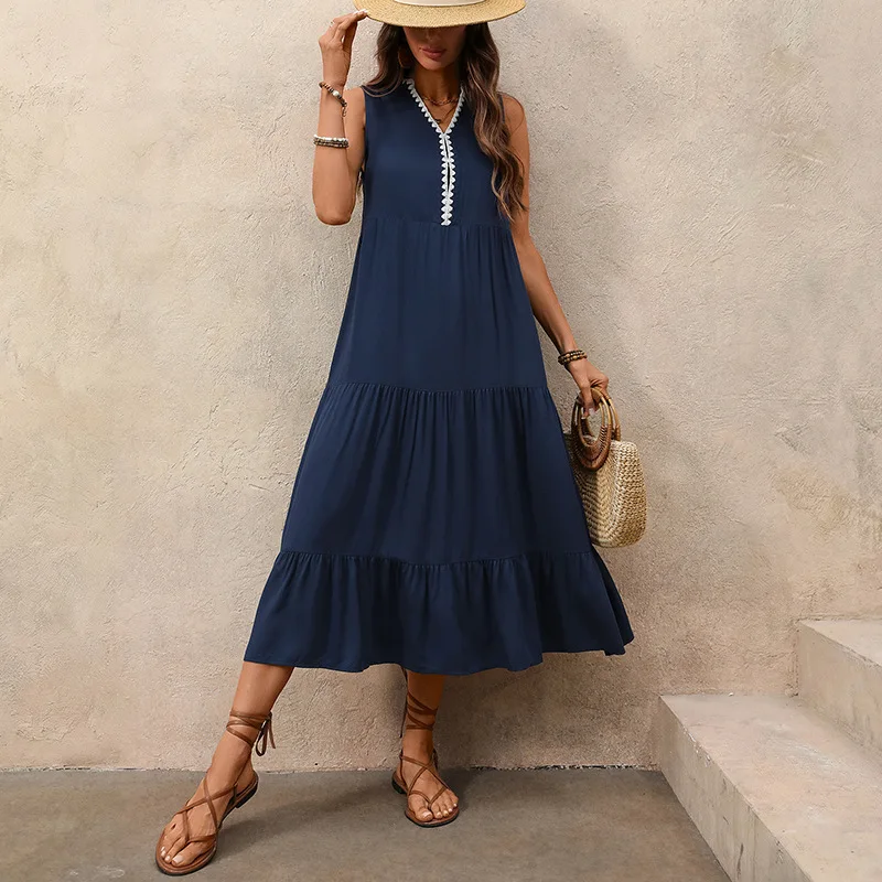 2026 Spring and Summer New Contrast Color V-Neck Large Hem Ruffle Dress Vacation Lazy Sleeveless Long Skirt for Women
2026 Spring and Summer New Contrast Color V-Neck Large Hem Ruffle Dress Vacation Lazy Sleeveless Long Skirt for Women