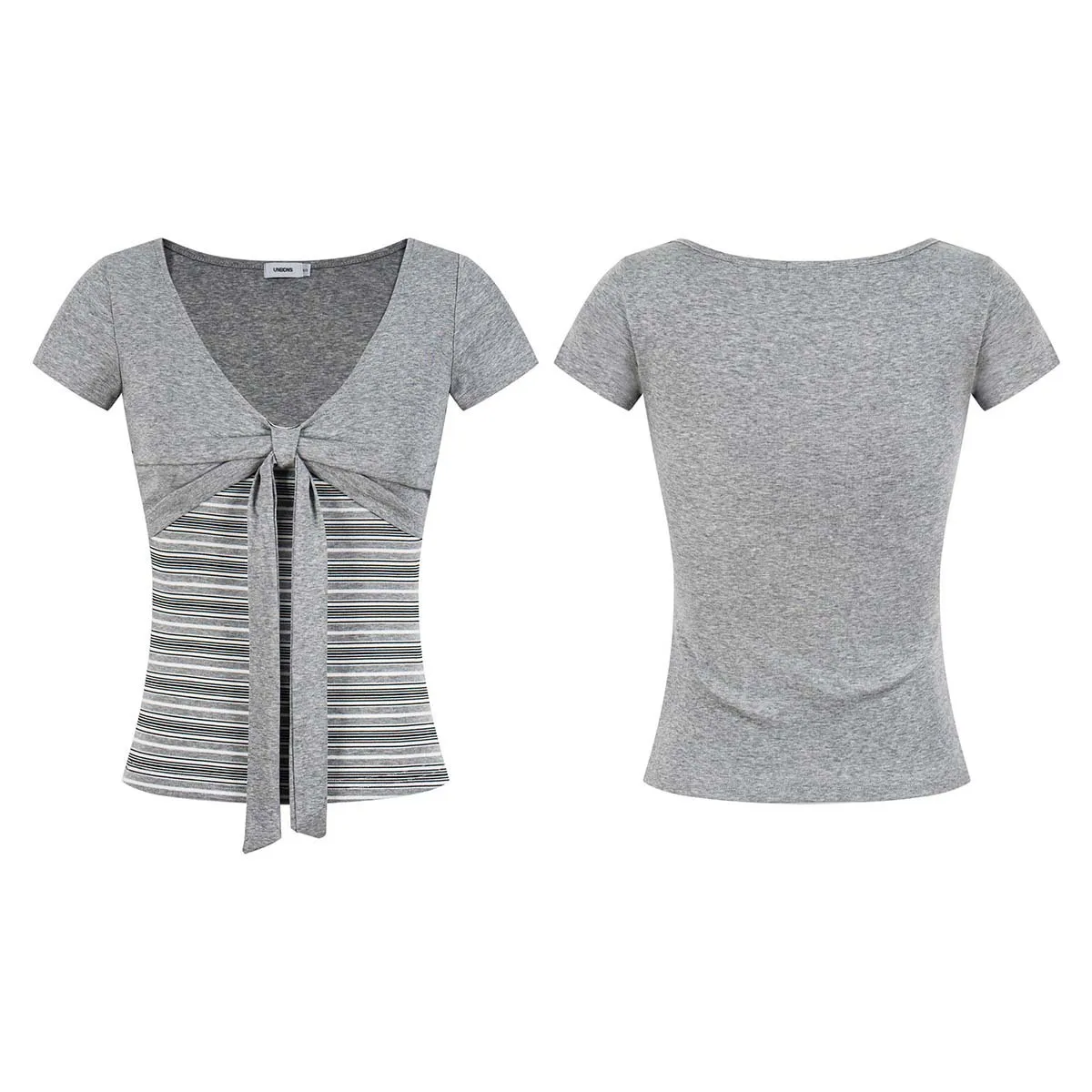 Casual Women Gray Striped Knit Top, V-Neck Bow Front Short Sleeve Slim Fit T-Shirt
Casual Women Gray Striped Knit Top, V-Neck Bow Front Short Sleeve Slim Fit T-Shirt