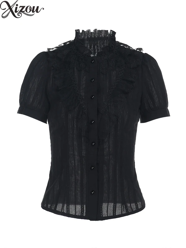 Vintage Gothic Lolita Black Blouses Short Sleeved Puffy Elegant Office Suit Lady Outfit Y2k Tops Women Jacquard Summer 2025
Vintage Gothic Lolita Black Blouses Short Sleeved Puffy Elegant Office Suit Lady Outfit Y2k Tops Women Jacquard Summer 2025