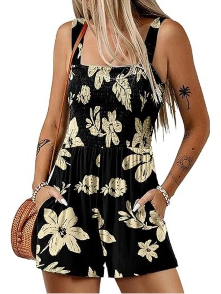 Summer Casual Print Pleated Slim Jumpsuit Square Collar Sling Sleeveless Loose Pocket Shorts Jumpsuit Beach Vacation Clothing
Summer Casual Print Pleated Slim Jumpsuit Square Collar Sling Sleeveless Loose Pocket Shorts Jumpsuit Beach Vacation Clothing