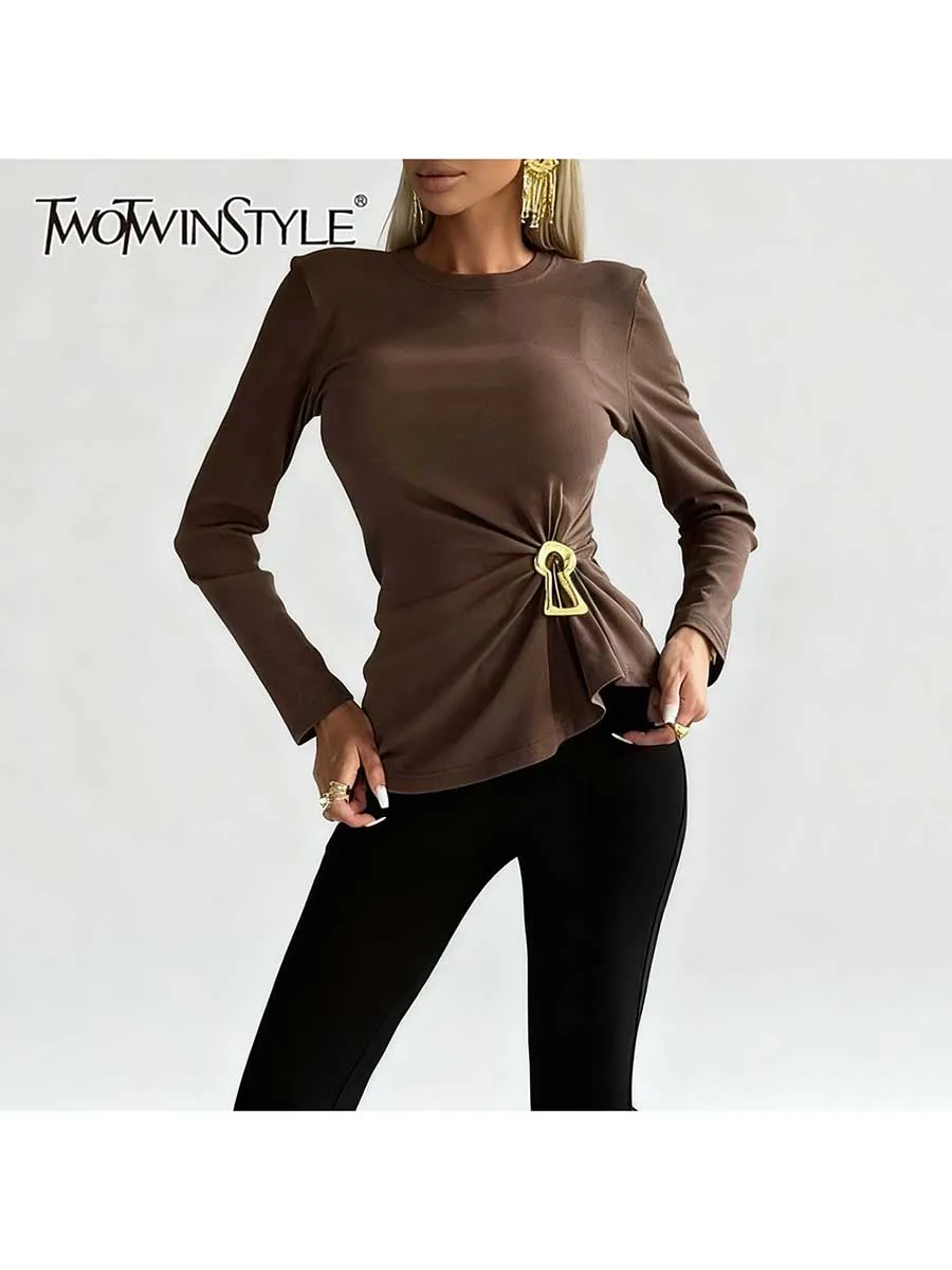 TWOTWINSTYLE Solid Slimming Spliced Shirring Fashion T Shirts for Women O Neck Long Sleeves Patchwork Sequined T Shirt Female
TWOTWINSTYLE Solid Slimming Spliced Shirring Fashion T Shirts for Women O Neck Long Sleeves Patchwork Sequined T Shirt Female