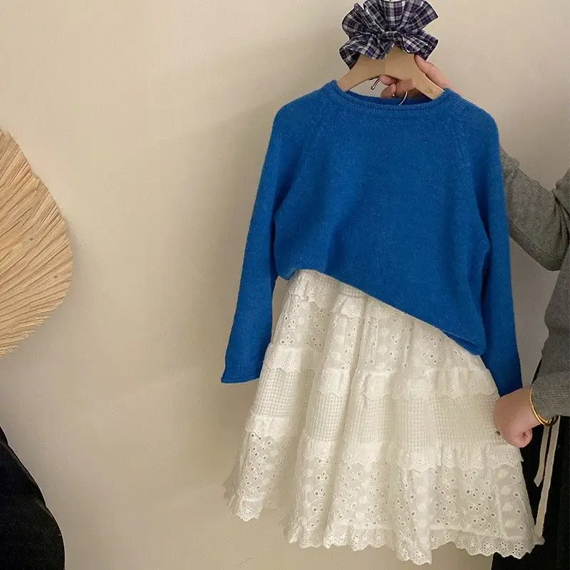 Autumn Girls Sweater Skirt Set Lazy Style Pullover Top Hollow Lace Tiered Ruffle Skirt 2 Piece Outfit Kids Clothing
Autumn Girls Sweater Skirt Set Lazy Style Pullover Top Hollow Lace Tiered Ruffle Skirt 2 Piece Outfit Kids Clothing